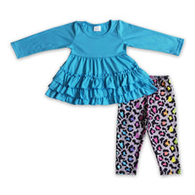 Load image into Gallery viewer, Blue cotton ruffle tunic leopard leggings girls clothes