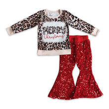 Load image into Gallery viewer, Merry Christmas leopard shirt sequin bell bottom pants girls outfits