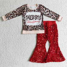Load image into Gallery viewer, Merry Christmas leopard shirt sequin bell bottom pants girls outfits