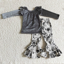Load image into Gallery viewer, Grey velvet shirt match ruffle jeans girls clothing set