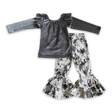 Load image into Gallery viewer, Grey velvet shirt match ruffle jeans girls clothing set