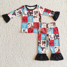 Load image into Gallery viewer, Paisley horse cow patchwork kids girls western pajamas