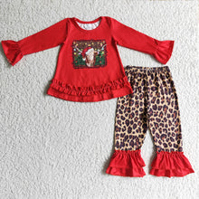 Load image into Gallery viewer, Cow hat red shirt leopard pants girls Christmas clothing