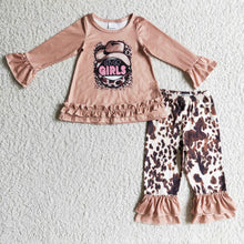Load image into Gallery viewer, Let's go girls hat shirt cow ruffle pants girls western outfits