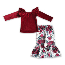 Load image into Gallery viewer, Red velvet shirt floral pants girls clothing set