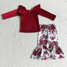 Load image into Gallery viewer, Red velvet shirt floral pants girls clothing set