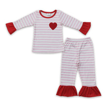 Load image into Gallery viewer, Red heart embroidery pink stripe baby girls valentine's pajamas