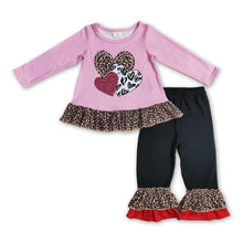 Load image into Gallery viewer, Heart pink leopard ruffle top match pants girls valentine clothes