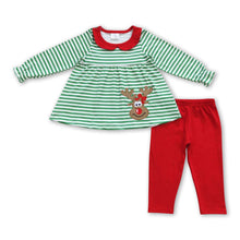 Load image into Gallery viewer, Reindeer green stripe shirt red leggings girls Christmas outfits