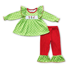 Load image into Gallery viewer, Green face polka dots tunic ruffle pants girls Christmas clothes