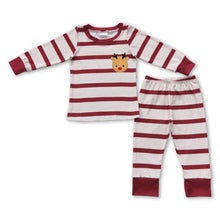 Load image into Gallery viewer, Reindeer embroidery red stripe kids girls Christmas pajamas