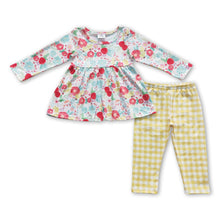 Load image into Gallery viewer, Floral tunic yellow plaid leggings girls clothing set