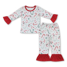 Load image into Gallery viewer, Candy cane ruffle long sleeves kids girls Christmas pajamas