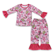 Load image into Gallery viewer, Pink green face long sleeves girls Christmas pajamas