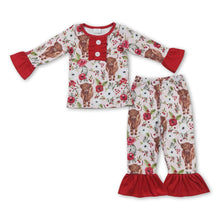 Load image into Gallery viewer, Red floral highland cow long sleeves girls Christmas pajamas