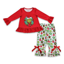 Load image into Gallery viewer, Red green face tunic ruffle pants girls Christmas outfits