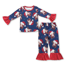 Load image into Gallery viewer, Red Christmas hat highland cow girls pajamas