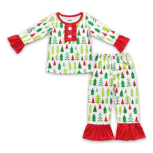 Load image into Gallery viewer, Christmas tree long sleeves ruffle baby girls pajamas