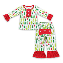 Load image into Gallery viewer, Christmas tree long sleeves ruffle baby girls pajamas