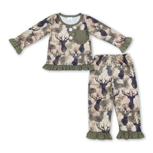 Load image into Gallery viewer, Deer camo pocket ruffle long sleeves girls pajamas
