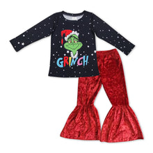 Load image into Gallery viewer, Black green face top velvet pants girls Christmas outfits
