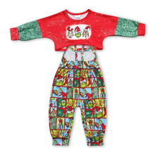 Load image into Gallery viewer, Green face gift patchwork jumpsuit top girls Christmas outfits