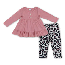 Load image into Gallery viewer, Solid ruffle tunicleopard leggings girls clothing set