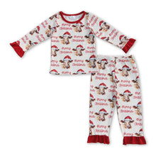 Load image into Gallery viewer, Merry Christmas cow ruffle long sleeves girls pajamas