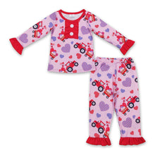 Load image into Gallery viewer, Heart truck ruffle long sleeves girls valentine's pajamas