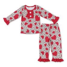 Load image into Gallery viewer, Leopard heart ruffle long sleeves girls valentine's pajamas