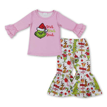 Load image into Gallery viewer, Pink ruffle top green face pants girls Christmas clothes