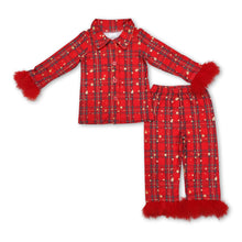 Load image into Gallery viewer, Red stars plaid kids girls button down Christmas pajamas