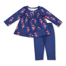 Load image into Gallery viewer, Navy candy cane pocket tunic leggings girls Christmas set