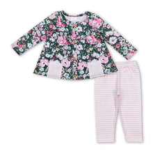 Load image into Gallery viewer, Green floral poket tunic pink stripe leggings girls clothes