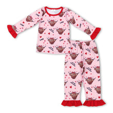 Load image into Gallery viewer, Be my valentine highland cow heart love girls pajamas
