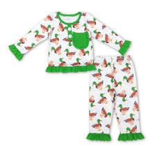 Load image into Gallery viewer, Green long sleeves duck pocket ruffle baby girls pajamas
