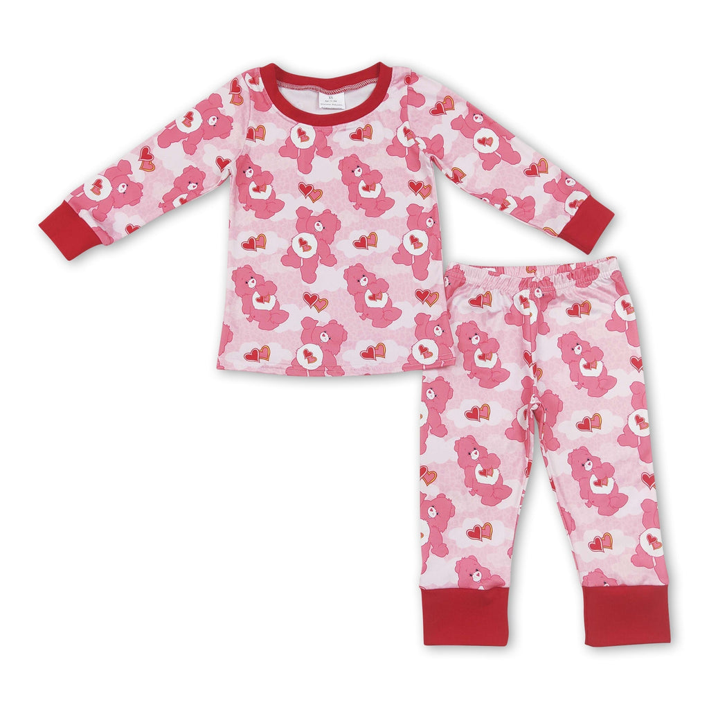 Pink heart bear long sleeves girls valentine's pajamas