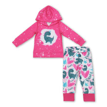 Load image into Gallery viewer, Hot pink heart dinosaur hoodie pants girls valentines set