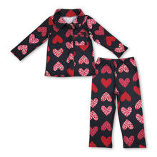 Load image into Gallery viewer, Black leopard heart girls valentine's button down pajamas