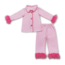 Load image into Gallery viewer, Pink fur ruffle kids girls button down cotton pajamas
