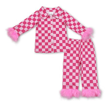 Load image into Gallery viewer, Hot pink plaid fur ruffle kids girls button down pajamas