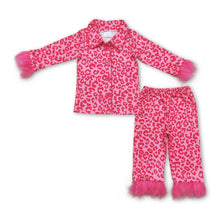 Load image into Gallery viewer, Hot pink leopard fur ruffle kids girls button down pajamas