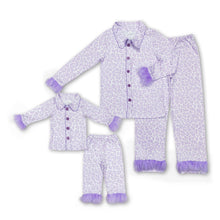 Load image into Gallery viewer, Lavender leopard fur ruffle kids girls button down pajamas