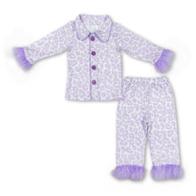 Load image into Gallery viewer, Lavender leopard fur ruffle kids girls button down pajamas