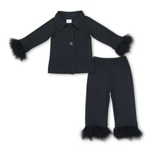 Load image into Gallery viewer, Black cotton fur ruffle kids girls button down pajamas
