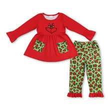 Load image into Gallery viewer, Red green face tunic leopard pants girls Christmas outfits