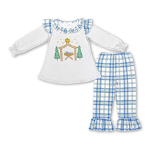 Load image into Gallery viewer, Nativity tunic blue plaid ruffle pants girls Christmas set