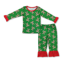 Load image into Gallery viewer, Green candy cane kids girls Christmas pajamas