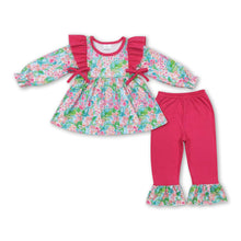 Load image into Gallery viewer, Watercolor floral tunic hot pink ruffle pants girls clothing