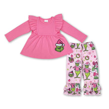 Load image into Gallery viewer, Pink green face tunic ruffle pants girls Christmas outfits
